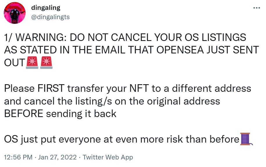 Capture d'écran d'un message de bug d'OpenSea old listings via Twitter