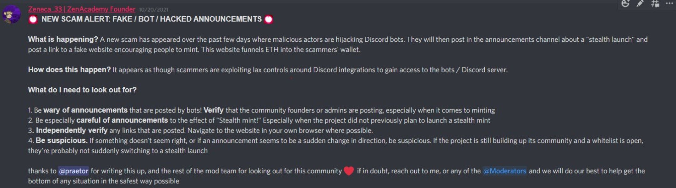 Tweet de Zeneca envoyé lorsque le Discord de Deadfellaz a été piraté.