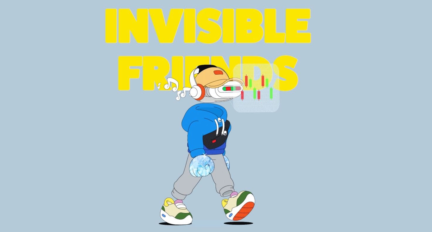 Image d'un logo Invisible Friends et d'un NFT.
