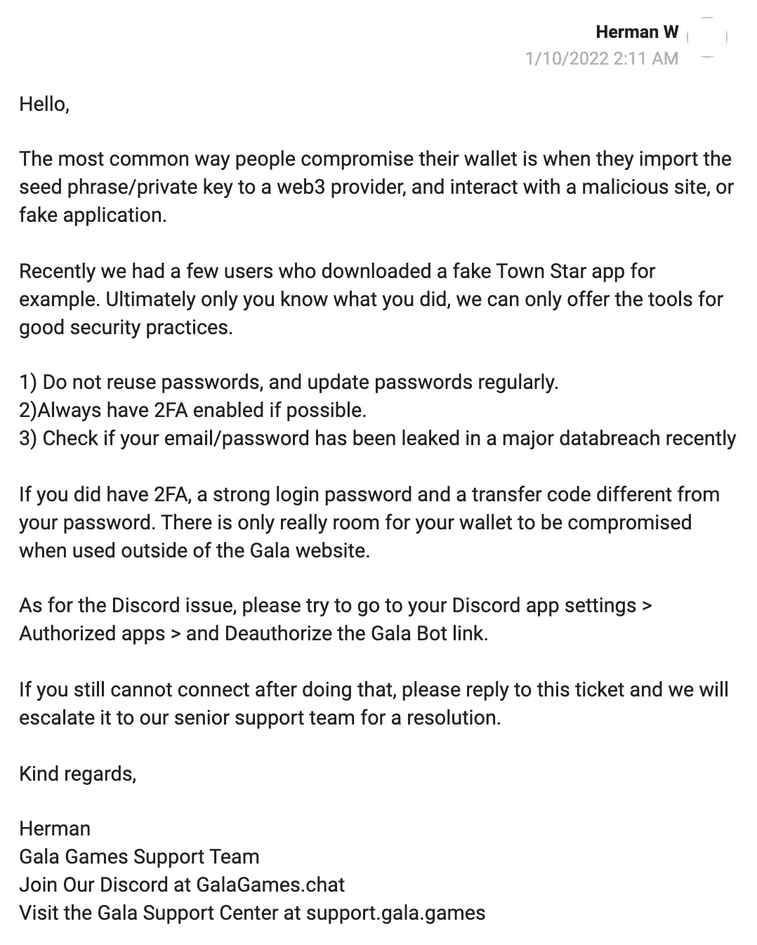 Réponse par e-mail de Gala Games à la victime du piratage