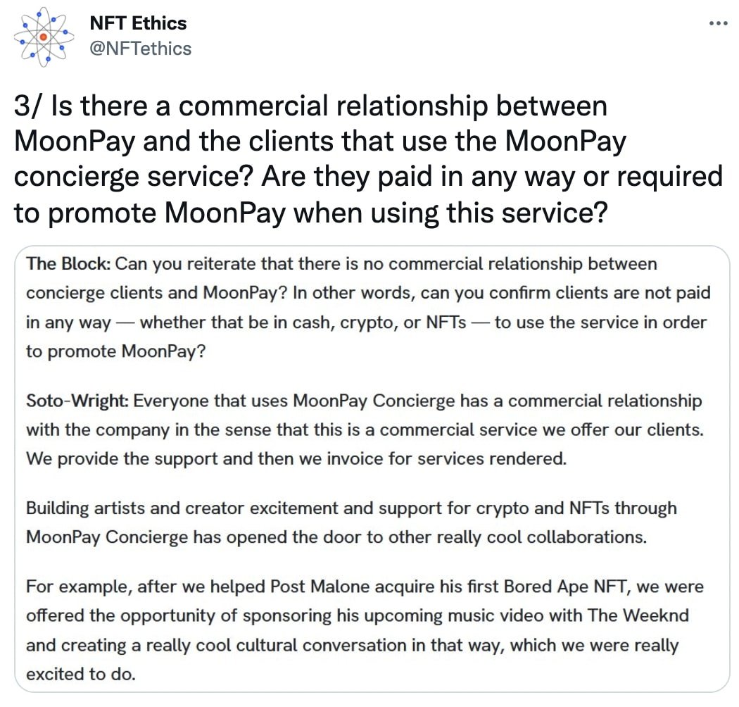 Tweet de NFTethics sur le PDG de MoonPay