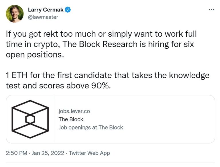 Le Block offre à un candidat chanceux le poste de recherche 1ETH !