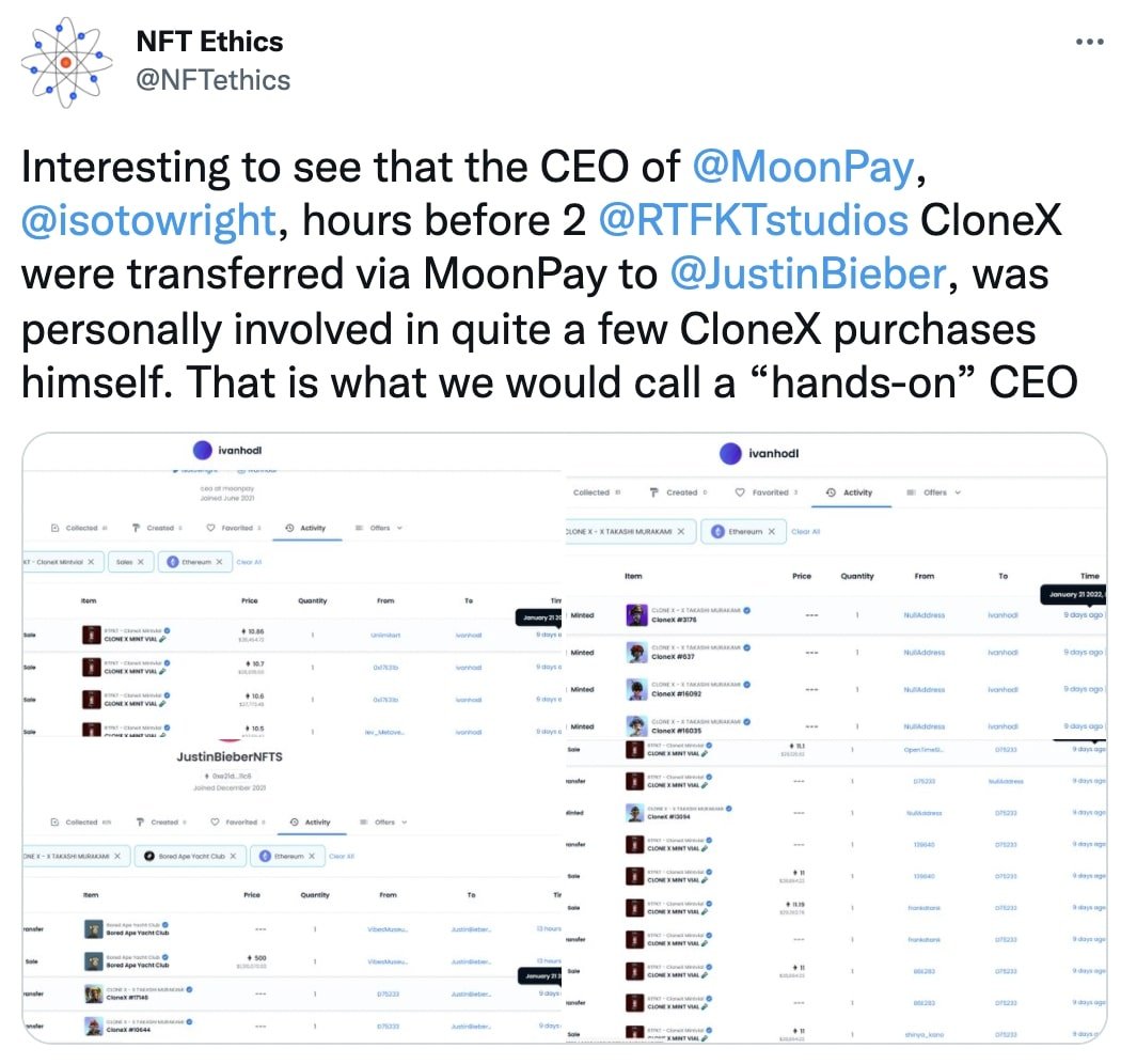 Tweet de NFTethics sur le PDG de MoonPay.