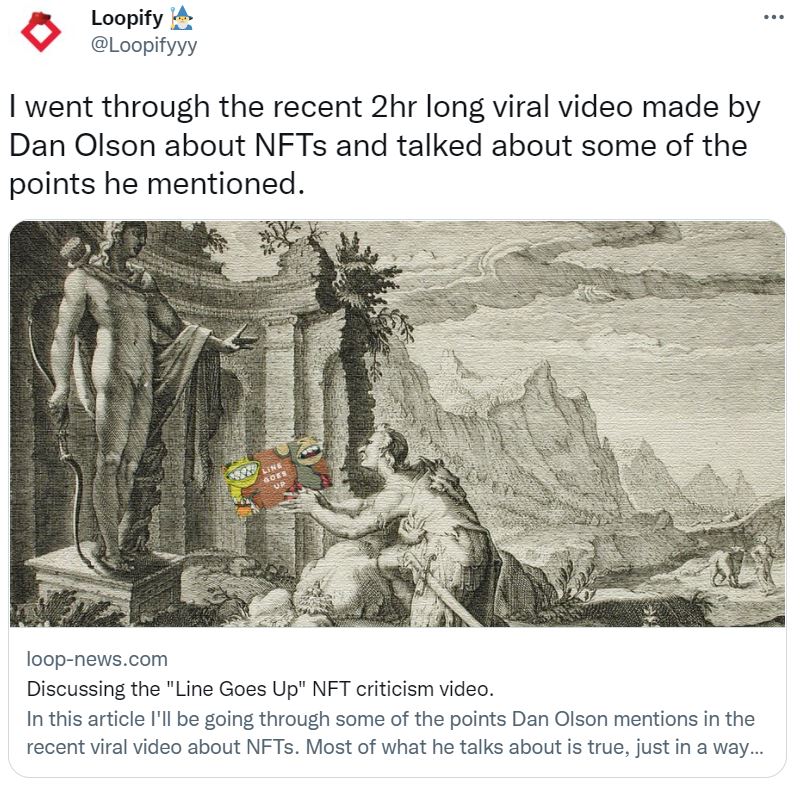 capture d'écran d'un message de Loopify sur la vidéo NFT de Dan Olson via Twitter