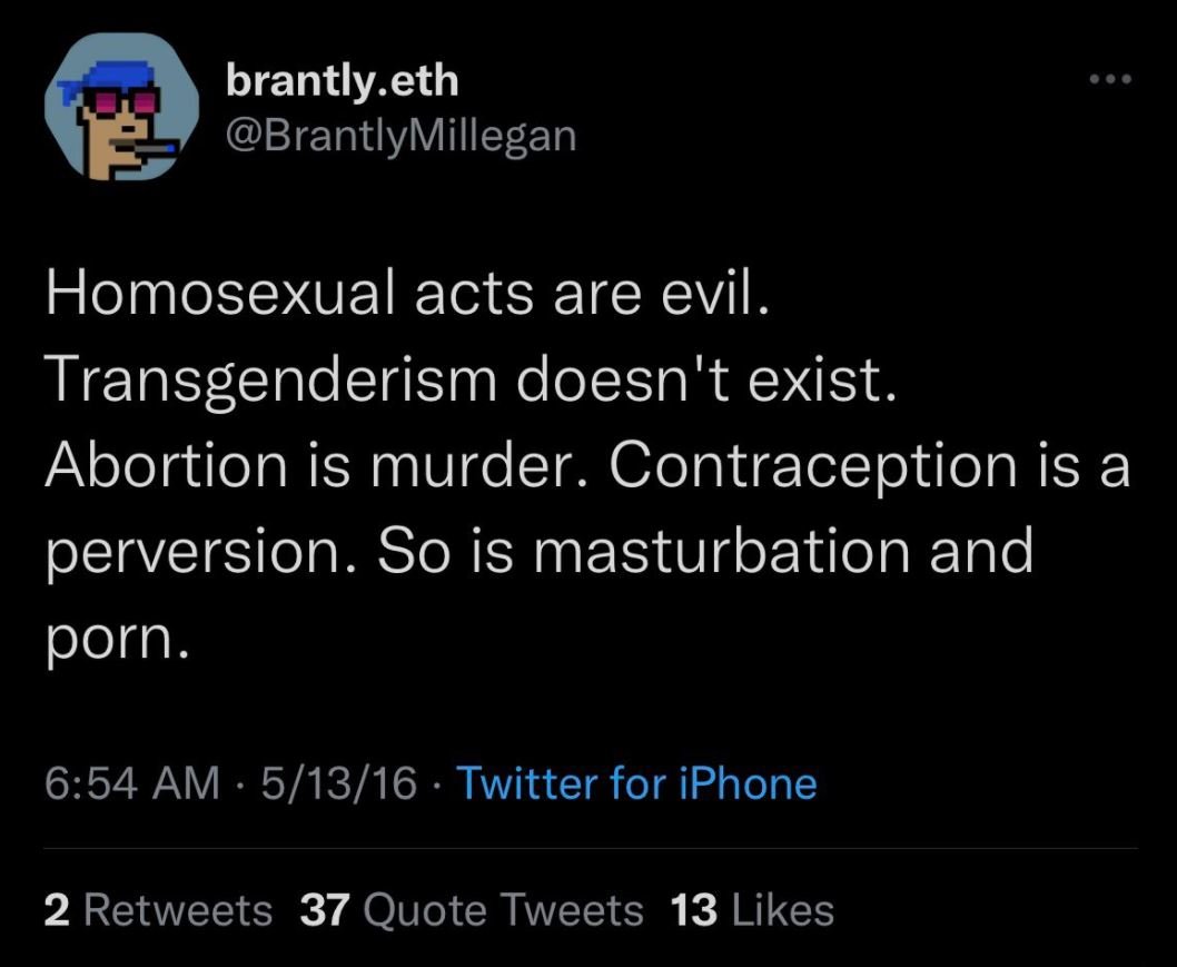 Capture d'écran d'un message controversé de Brantly Millegan ENS via Twitter.