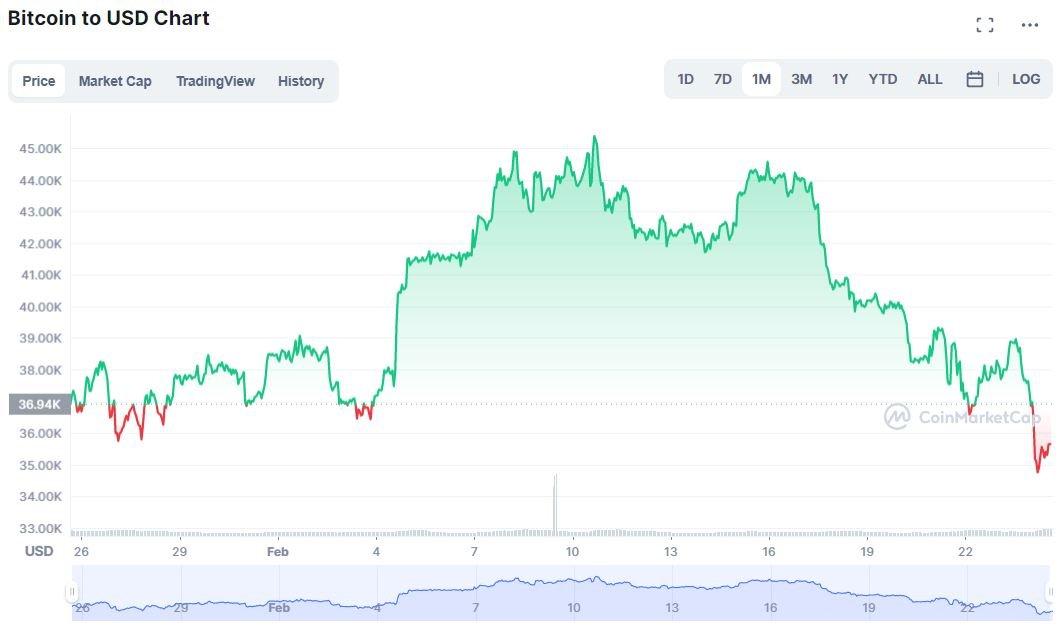 Capture d'écran d'un graphique du prix de la crypto-monnaie Bitcoin.