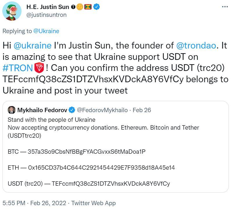 Capture d'écran de l'Ukraine demandant des dons à la communauté crypto via Twitter.