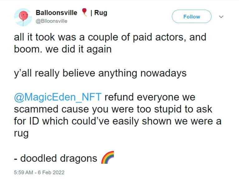 Balloonsville admet être un Rugpull, puis blâme Magic Eden