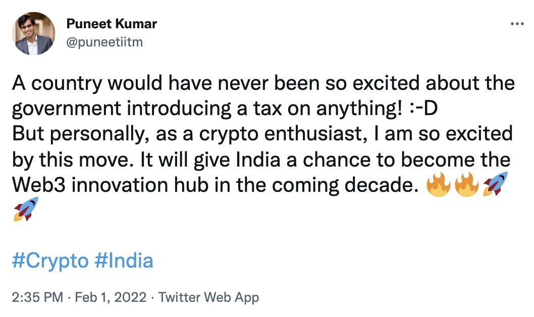 Tweet de Puneet Kumar sur la taxe indienne sur les actifs numériques.