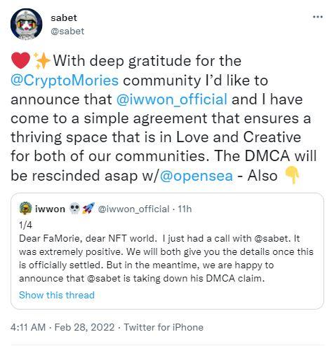 Sabet x CryptoMories font la paix et exhortent les fans à arrêter leur « négativité ».