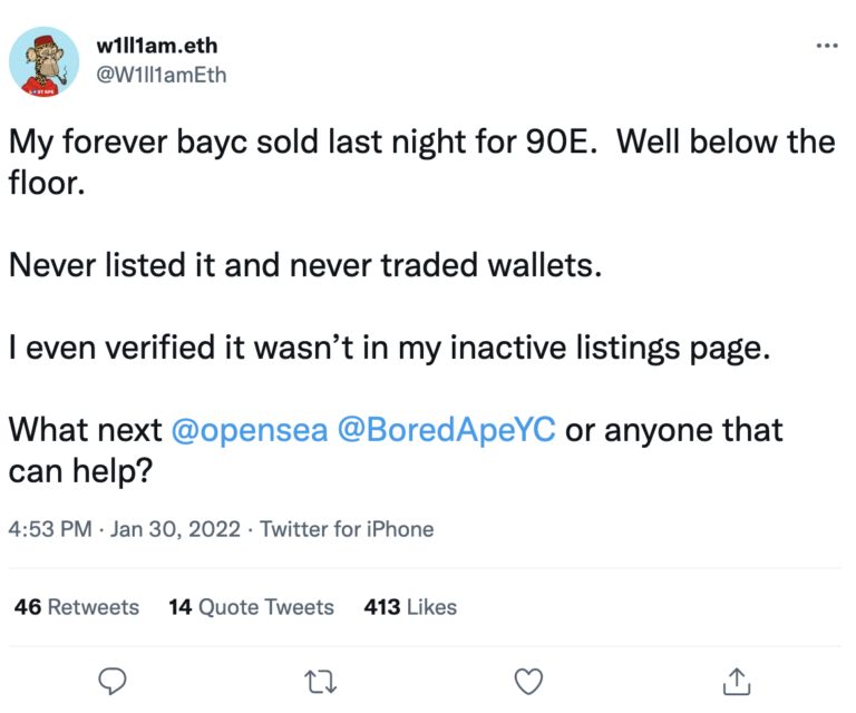 Un autre propriétaire de singe qui s’ennuie est victime du bug du listing d’OpenSea, mais comment ?