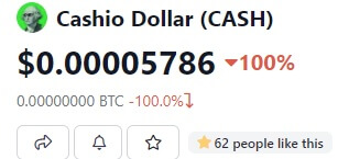Le prix de Cashio (CASH) a chuté de 100 %.  Image: CoinGecko