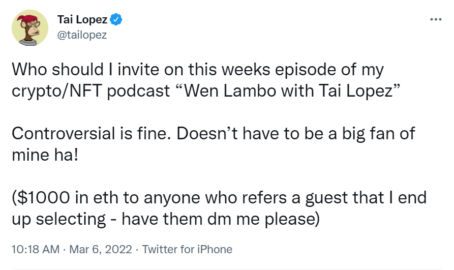 La photo montre un Tweet de Tai Lopez sur Twitter invitant les gens sur son podcast