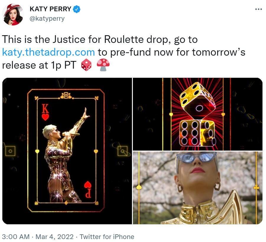 capture d'écran d'une annonce de chute de Katy Perry ThetaDrop NFT via Twitter