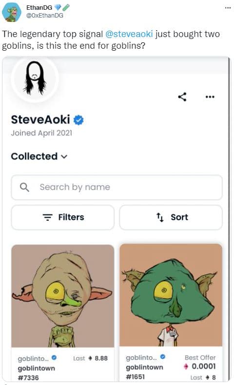 image d'un message Twitter sur la prétendue malédiction de Steve Aoki sur Goblintown