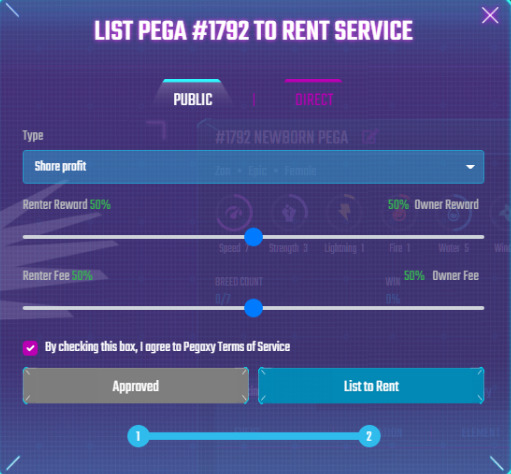 Nouvelle interface utilisateur de location dans Pegaxy