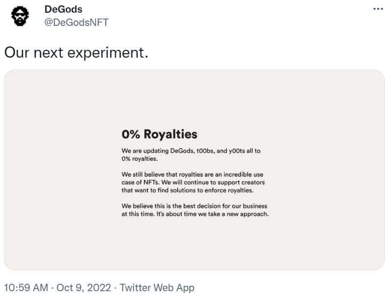 Capture d'écran Twitter d'une annonce de redevances DeGods 0%