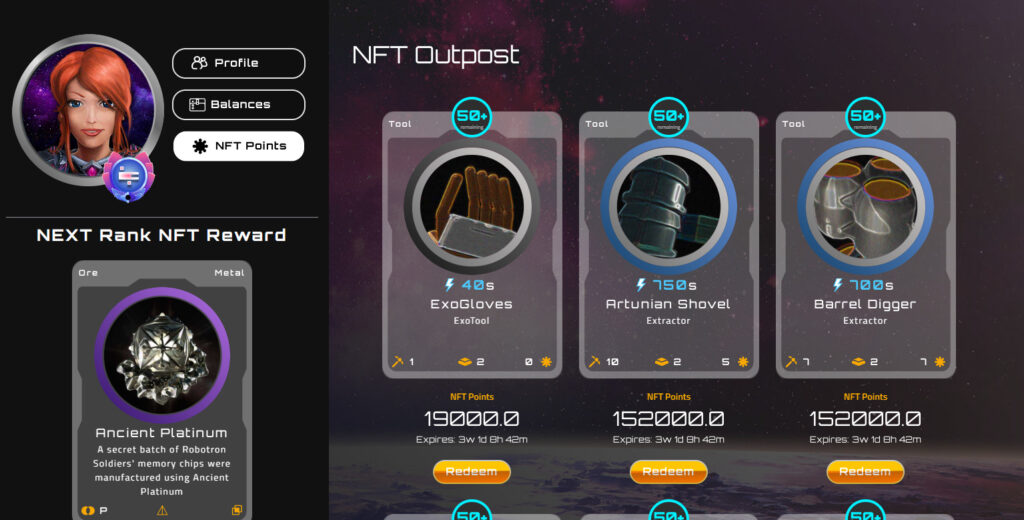 quelques-uns des articles disponibles pour les points NFT dans Alien Worlds