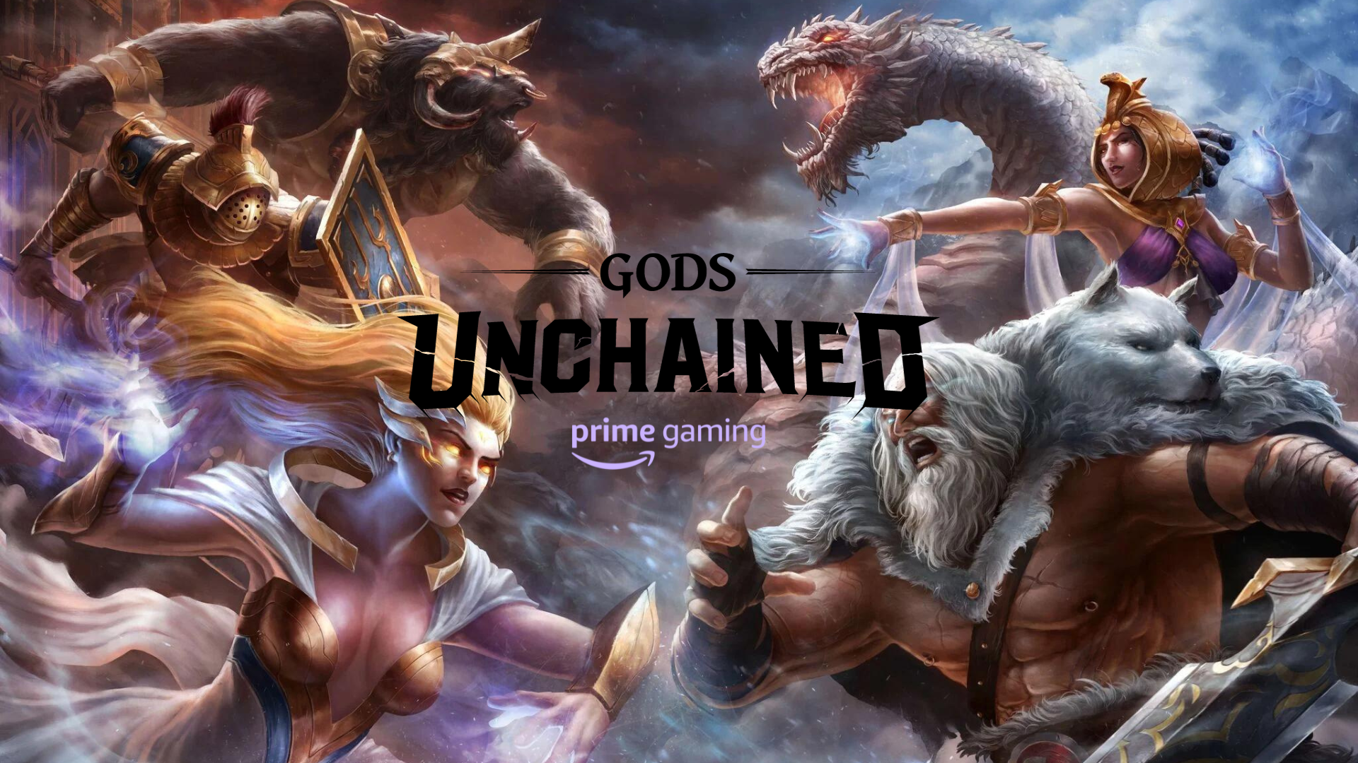 affiche de collaboration officielle pour Gods Unchained et Amazon Prime Gaming, avec l'image représentant les deux logos de l'entreprise sur un fond d'écran de jeu GU
