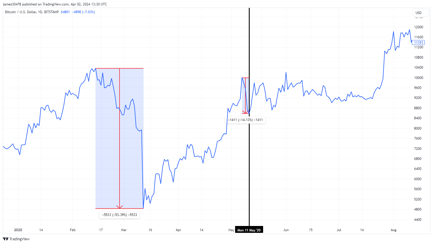 BTCUSD : réduction de moitié en 2020 : (Source : Trading View)